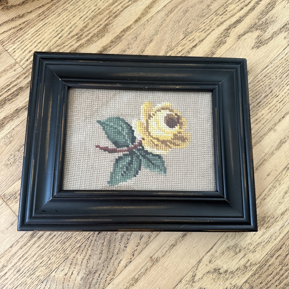 Vintage Framed Floral Needlepoint Cross Stitch Wall Art Yellow Rose Gift 8x10